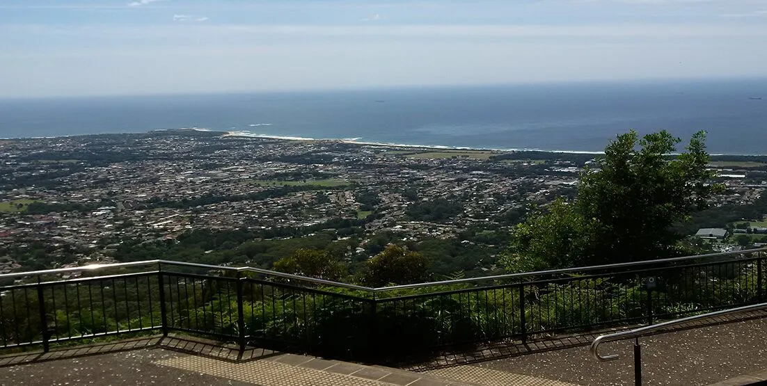 View from Mt Keira Lookout over town and ocean in background