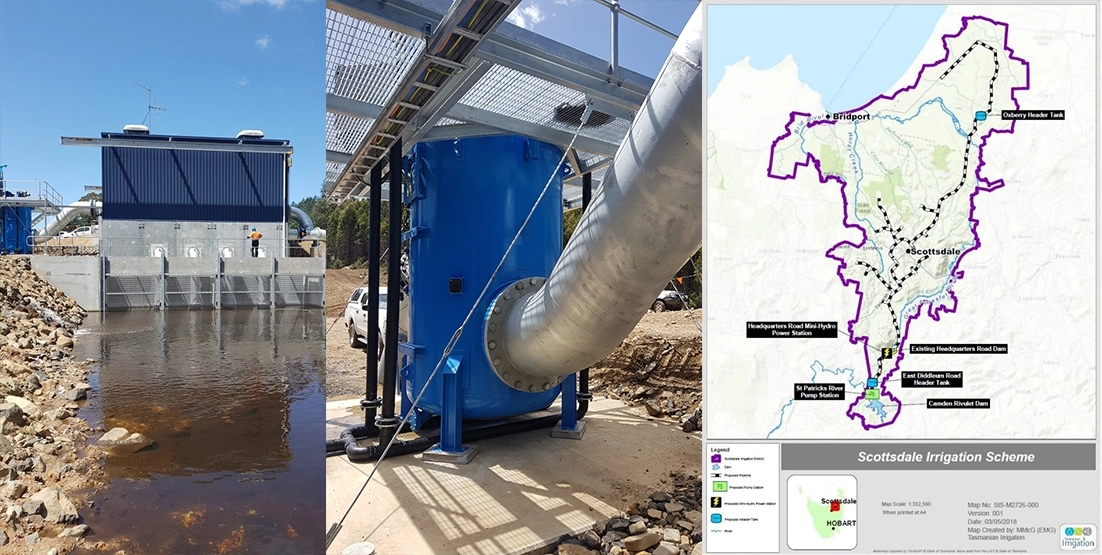 scottsdale-irrigation-scheme-3-images-map 3 photos in one, One photo is an external shot of the plant from a distance. Another photo is underneath a platform with industrial sized pipes and the third photos ia map northern tasmanian marking the area that the irrigation scheme is covering.
