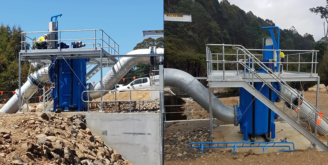 scottsdale-irrigation-scheme-2 two photos together side by side of different angles of a platform with stairs and industrial sized piping.