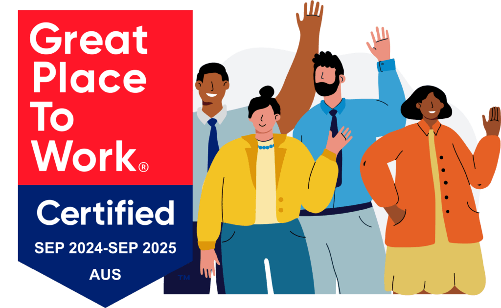 Great Place to Work Certification Badge with illustration style employees standing next to it.