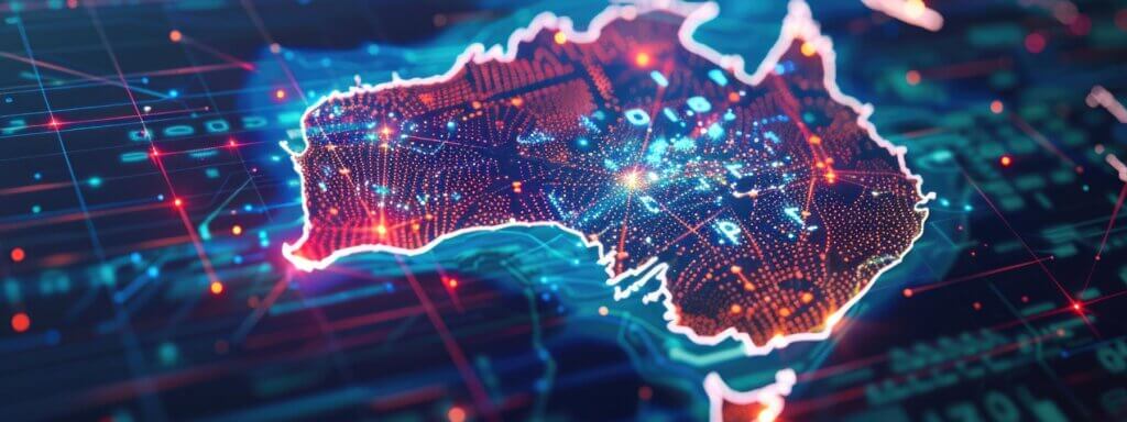 outline of Australia with glowing lines representing data criss-crossing the land.