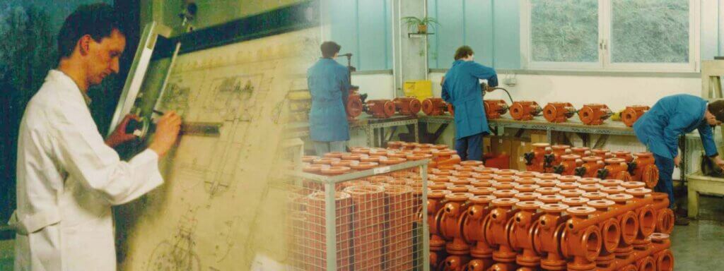 Two images blended together, one of an engineer at a drawing board and the second of workers working on cast orange elements of JUDO products.